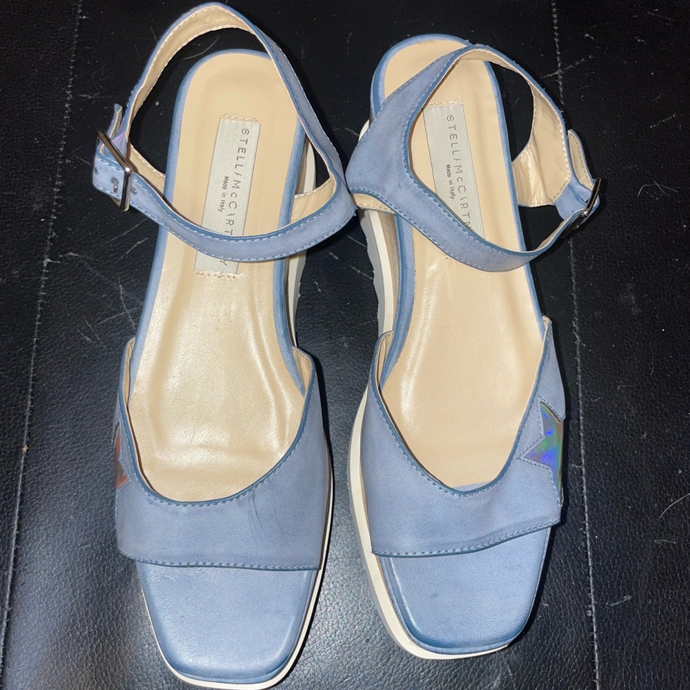 Stella McCartney Blue Faux Leather Elyse Star Ankle Strap Platform Sandals